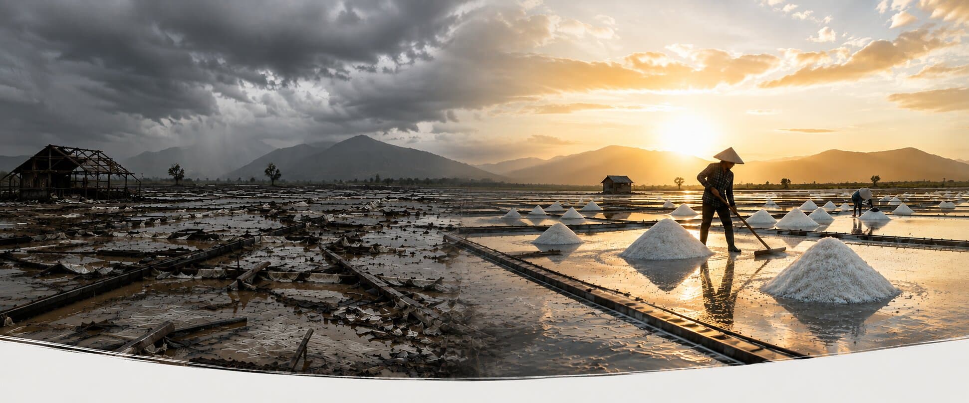 Champ agricole ravagé par une inondation à gauche, le même type de champ restauré au coucher du soleil avec un agriculteur au travail à droite